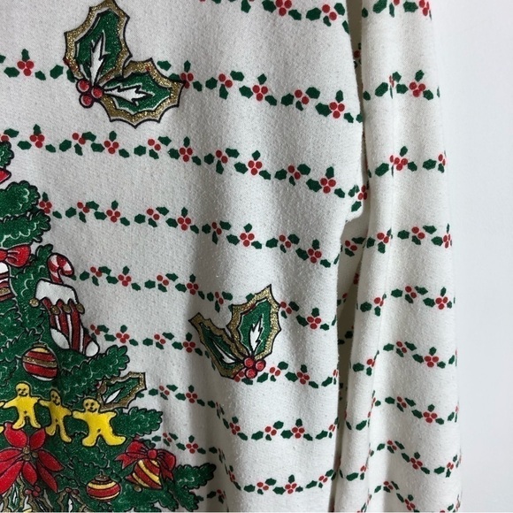 Vintage Christmas Tree Ringer Neck Sweatshirt Large 90s Jane Colby White Green - Picture 4 of 9